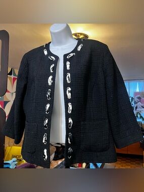 Black Tweed Open-Front Jacket with Contrast Hardware